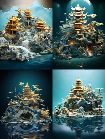 中国玉园，概念数字艺术风格，浅海蓝宝…