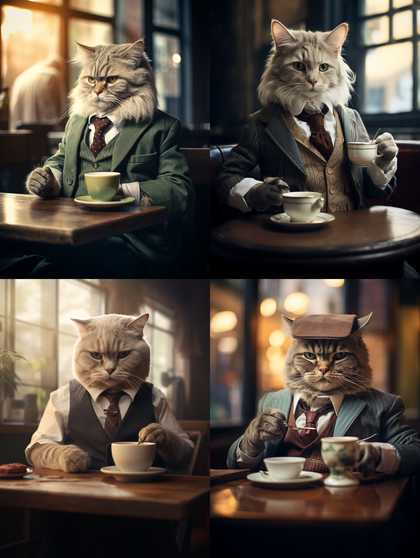 一只猫咪，穿着正装，坐在咖啡店里，手…